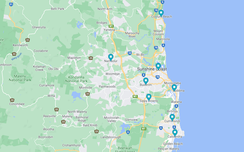 Map of mobile neuro physiotherapy suburbs Sunshine Coast
