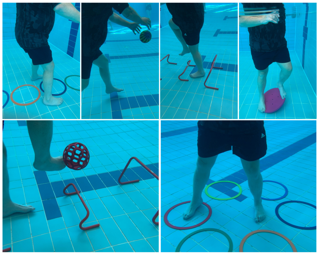 Balance exercises as part of aquatic physiotherapy using various equipment.